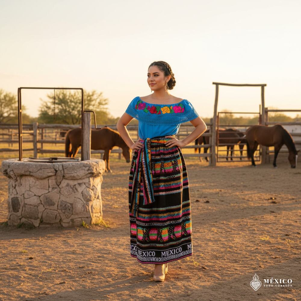 Traditional Mexican Floral Cambaya Dress Set – Handmade Three-Pieces S to Xlarge